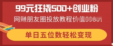 99元狂撬500+创业粉，单日五位数轻松变现，网创朋友圈投放教程-卡奇诺-网赚一站式