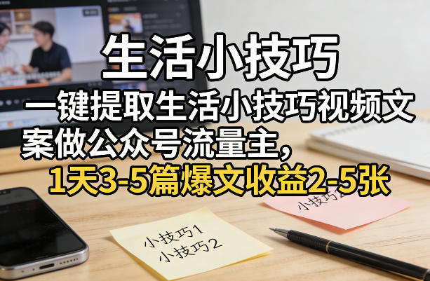 一键提取生活小技巧视频文案做公众号流量主,1天3-5篇爆文收益2-5张-卡奇诺-网赚一站式